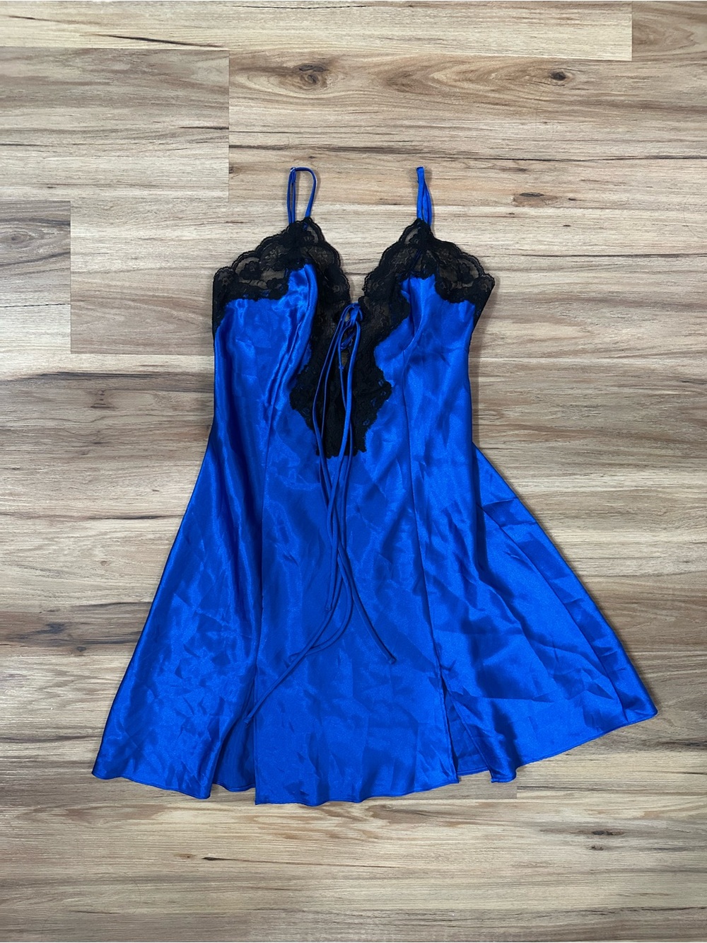 Frederick's of Hollywood Royal Blue Satin Chemise with Black Lace